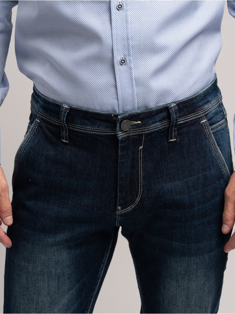 Jeans uomo stretch modello chinos in denim blu scuro