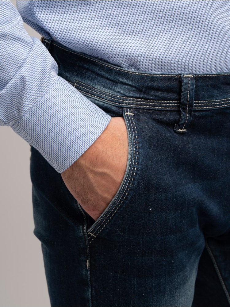 Jeans uomo stretch modello chinos in denim blu scuro