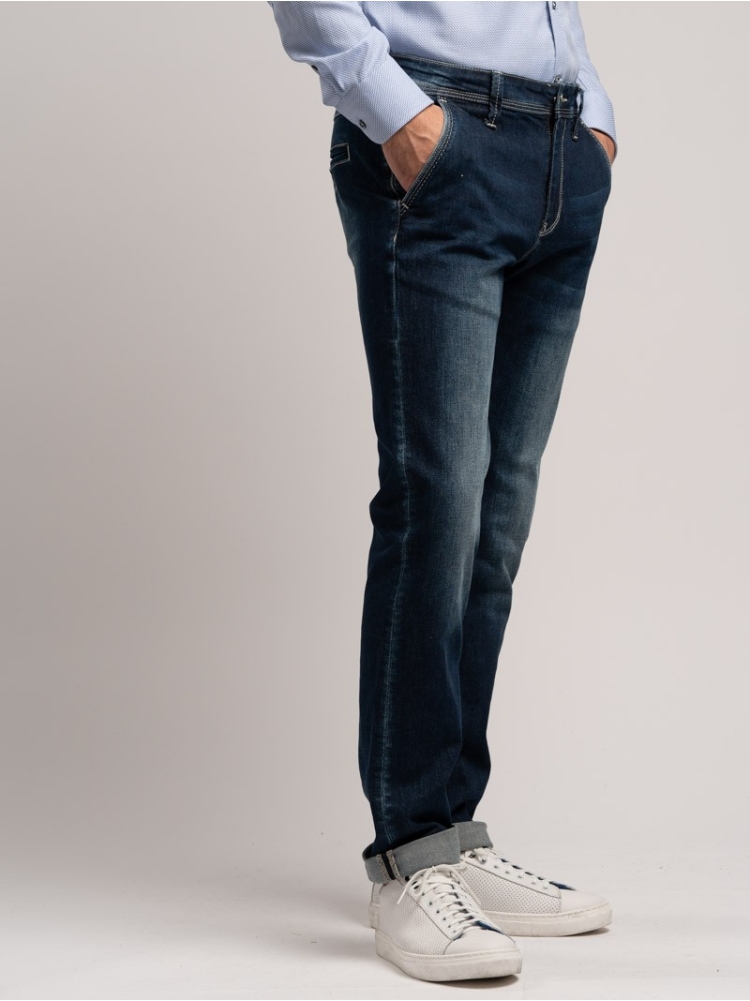 Jeans uomo stretch modello chinos in denim blu scuro