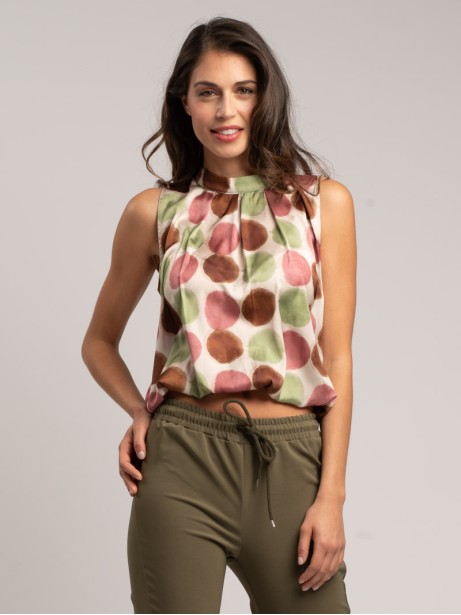 Blusa donna smanicata in satin sampato pois