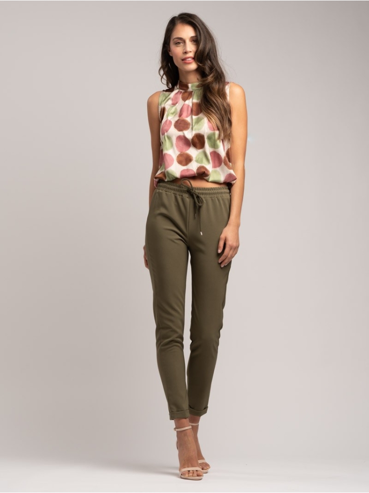 Blusa donna smanicata in satin sampato pois