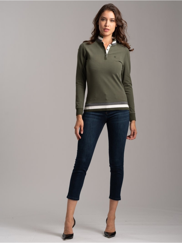 Polo donna jersey stretch con collo e fondo Rib