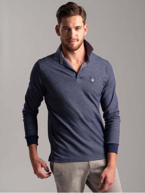 Polo uomo manica lunga in tessuto diagonale e Rib collo a contrasto