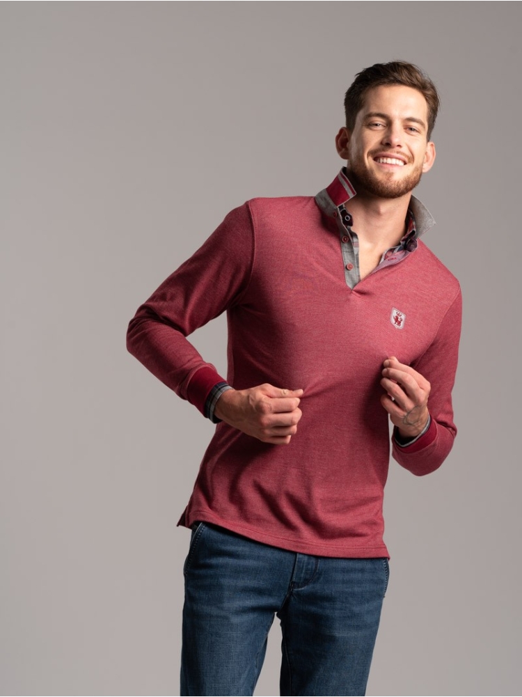 Polo uomo manica lunga in tessuto diagonale e Rib collo a contrasto