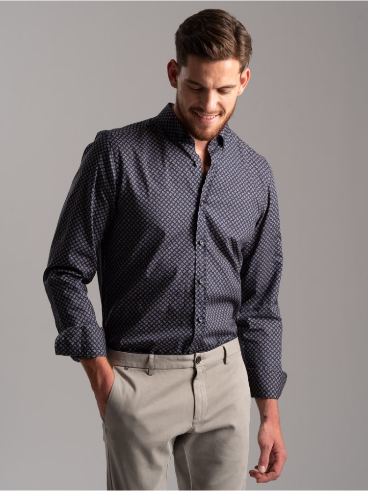 Camicia uomo fantasia stampa disegno geometrico tessuto popeline