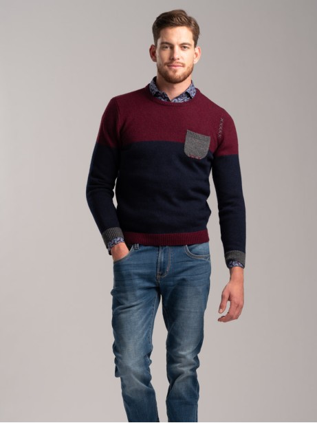 Maglia girocollo uomo misto lana bicolore e taschino a contrasto