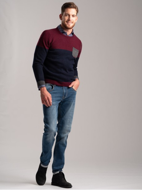 Maglia girocollo uomo misto lana bicolore e taschino a contrasto 2