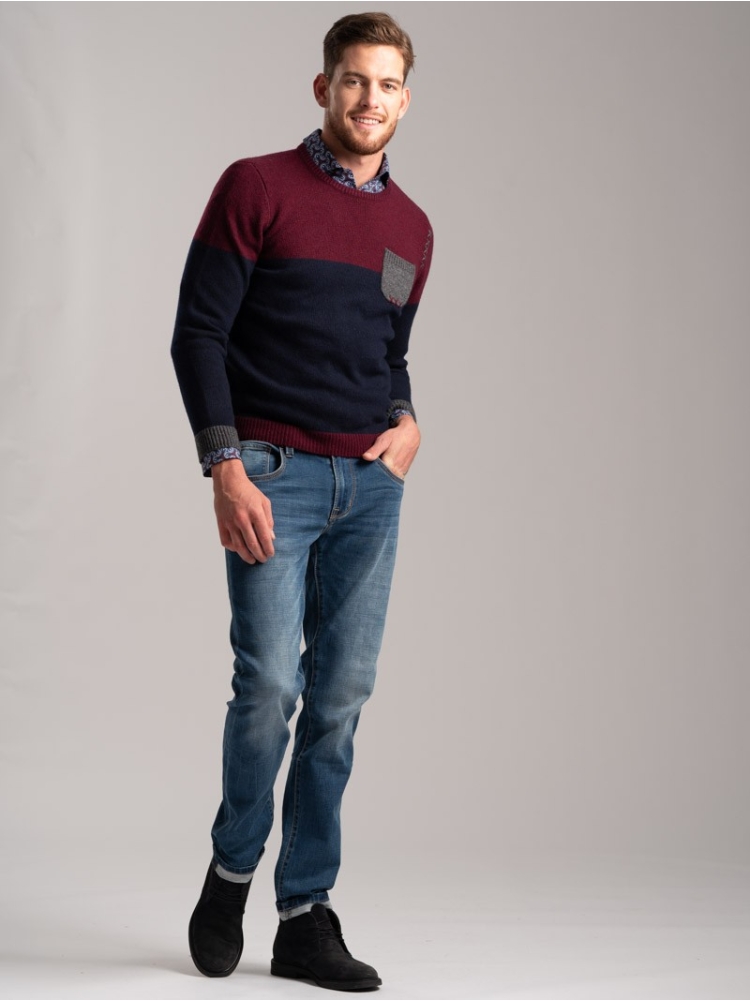 Maglia girocollo uomo misto lana bicolore e taschino a contrasto