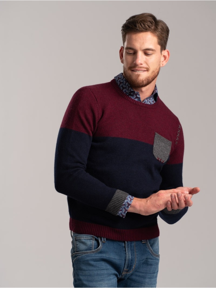 Maglia girocollo uomo misto lana bicolore e taschino a contrasto