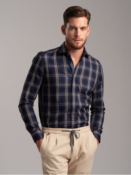 Camicia uomo madras bicolor in tessuto twill collo semi francese