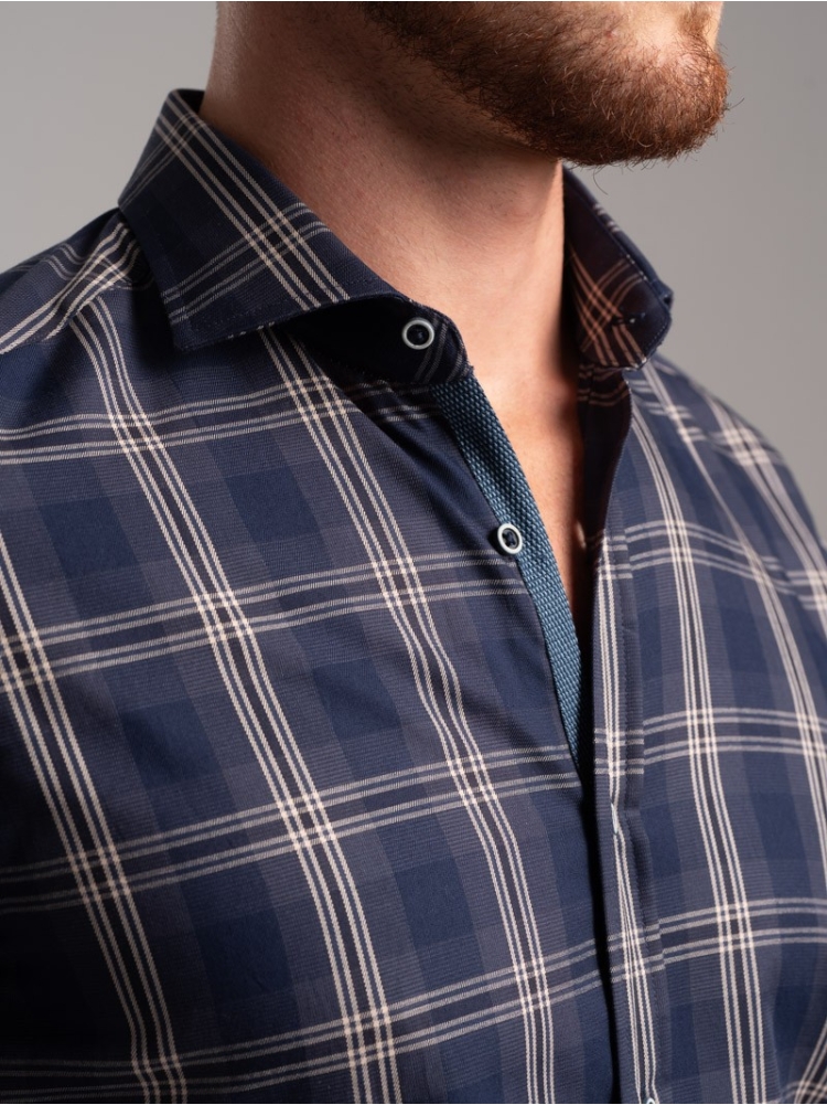 Camicia uomo madras bicolor in tessuto twill collo semi francese