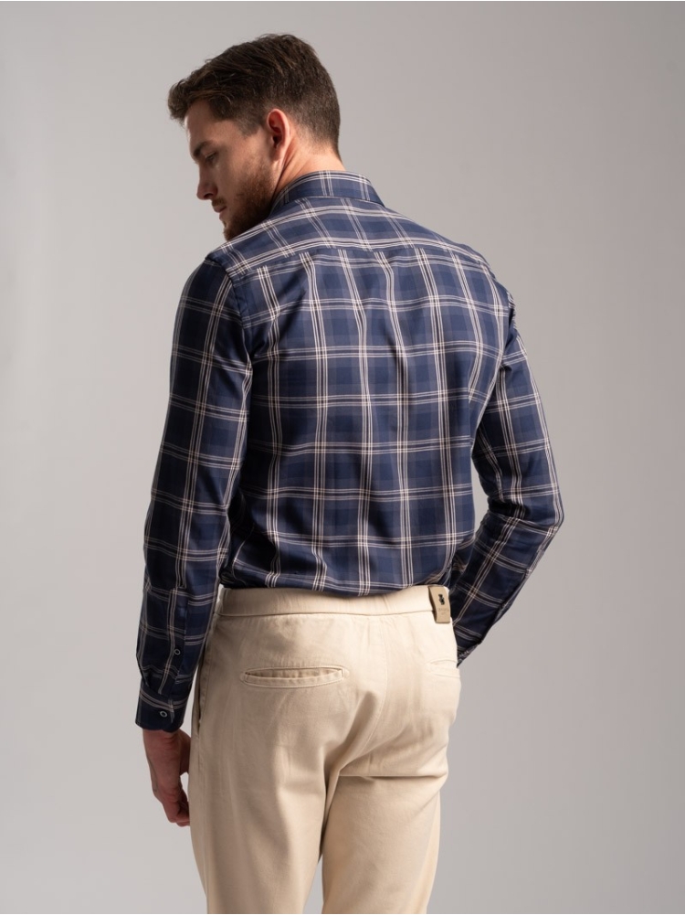 Camicia uomo madras bicolor in tessuto twill collo semi francese