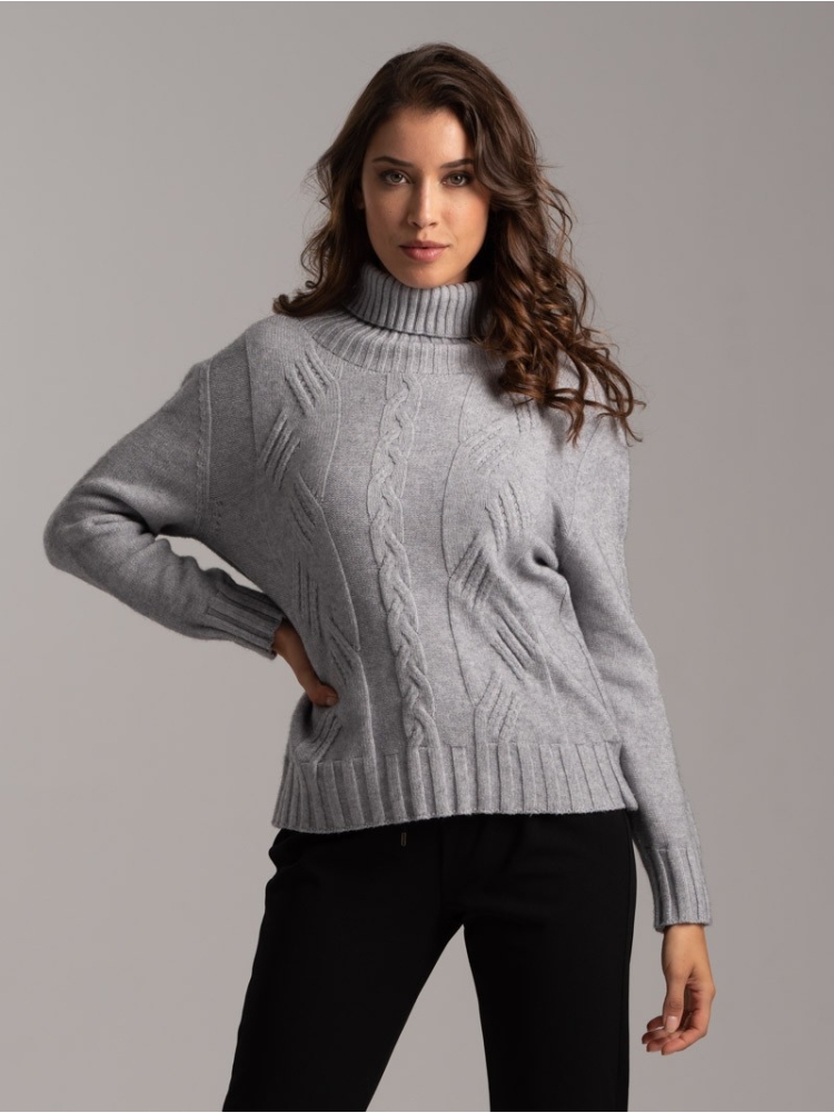 Maglia donna dolcevita in viscosa con treccie ad intarsio