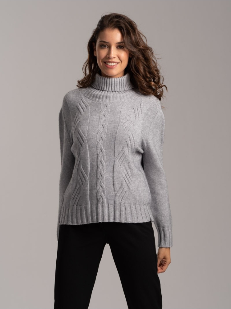 Maglia donna dolcevita in viscosa con treccie ad intarsio