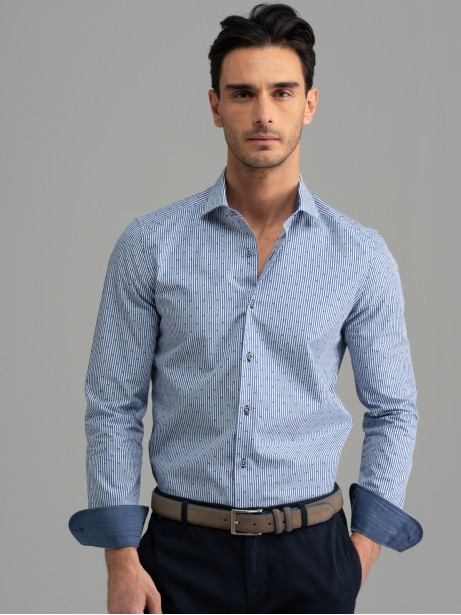 Camicia uomo a righe blu fil coupé collo semi francese