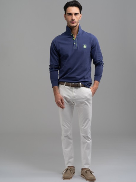 Polo uomo a manica lunga blu chiaro con ricami