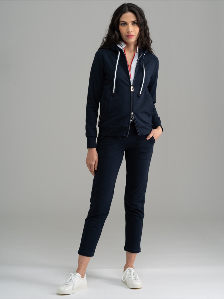 Felpa donna in Jersey blu con cappuccio e banda bianca