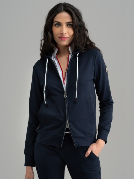 Felpa donna in Jersey blu con cappuccio e banda bianca