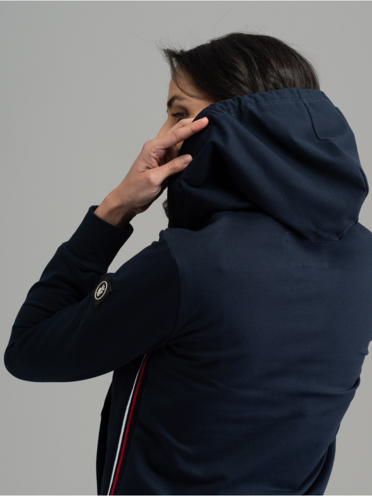 Felpa donna in Jersey blu con cappuccio e banda bianca