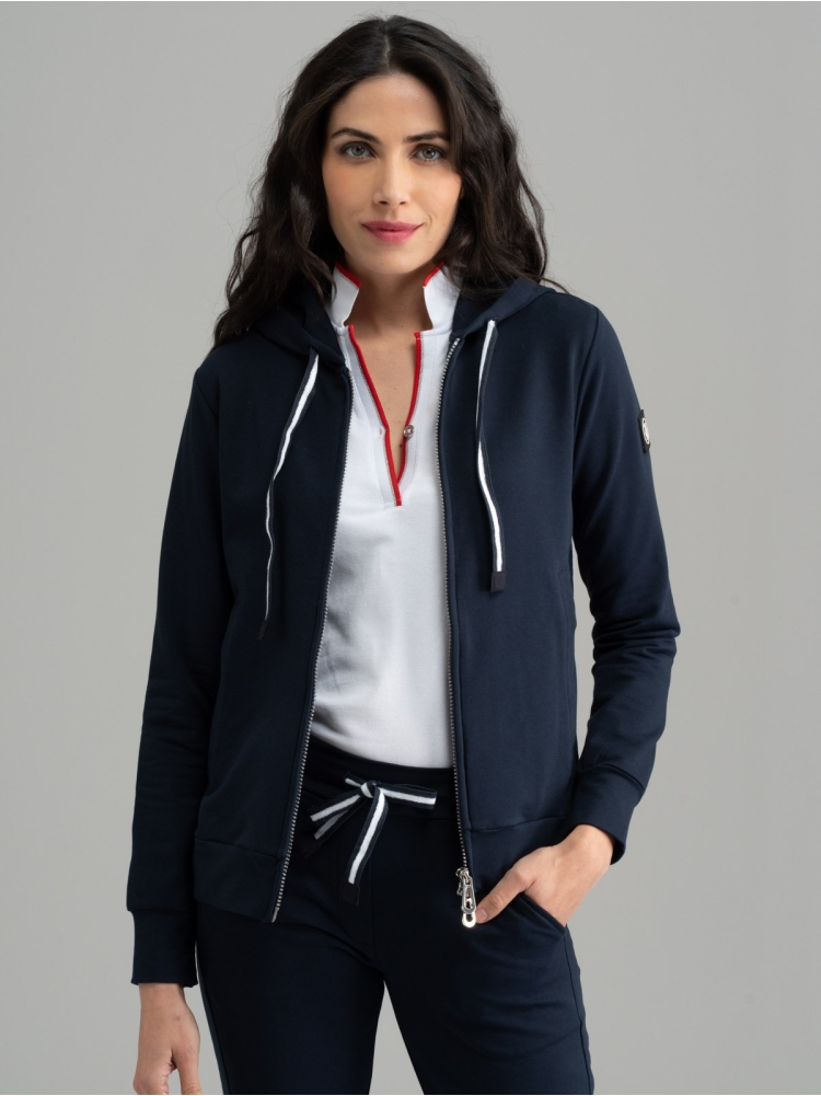 Felpa donna in Jersey blu con cappuccio e banda bianca