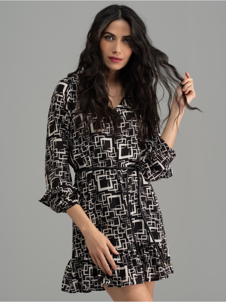 Abito donna fantasia bianco e nero manica lunga