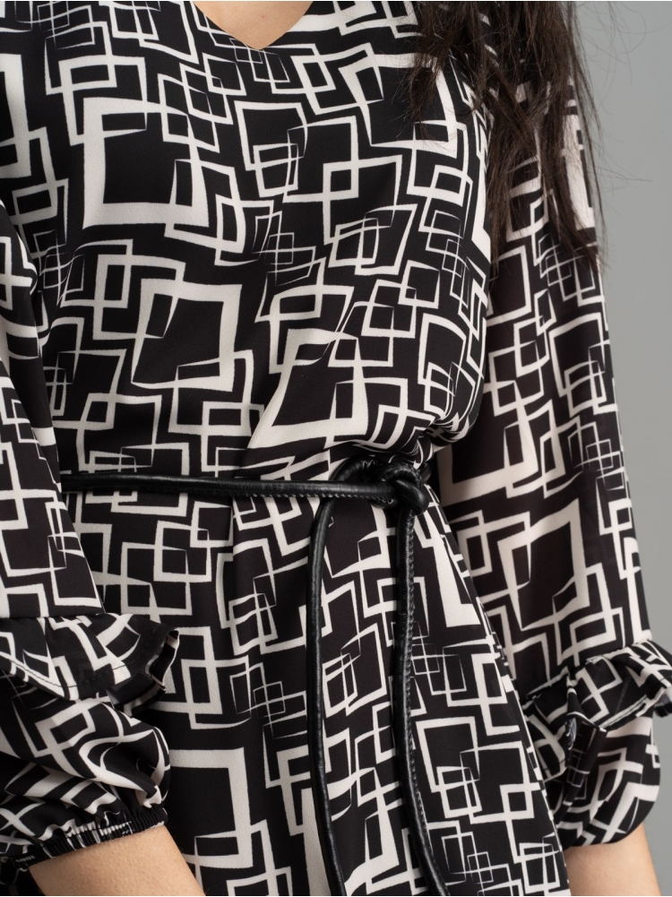 Abito donna fantasia bianco e nero manica lunga