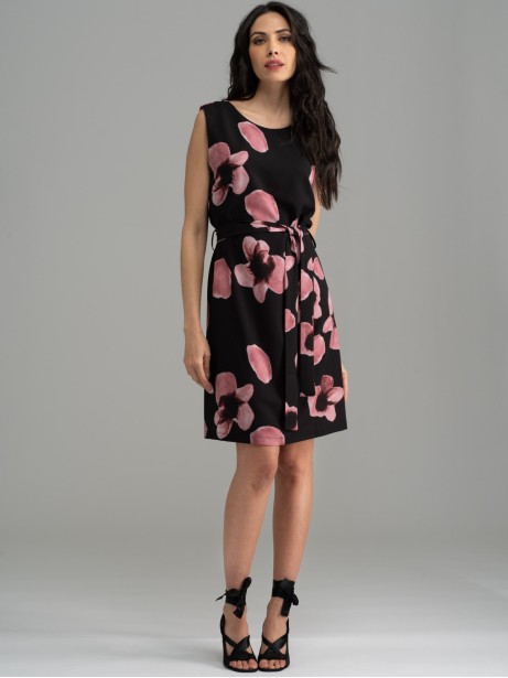 Abito donna fluido smanicato con stampa rosa cipria