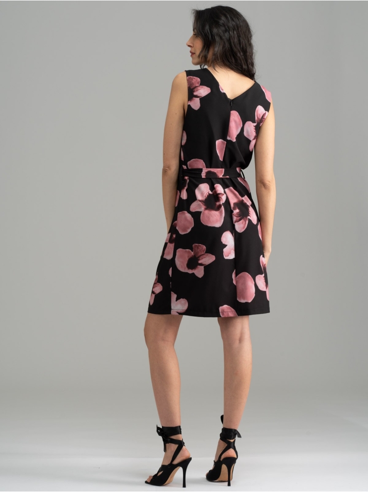 Abito donna fluido smanicato con stampa rosa cipria