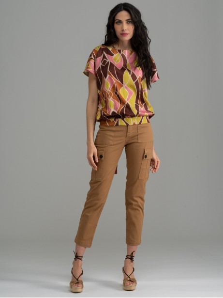 Pantalone donna cargo cotone stretch color cannella