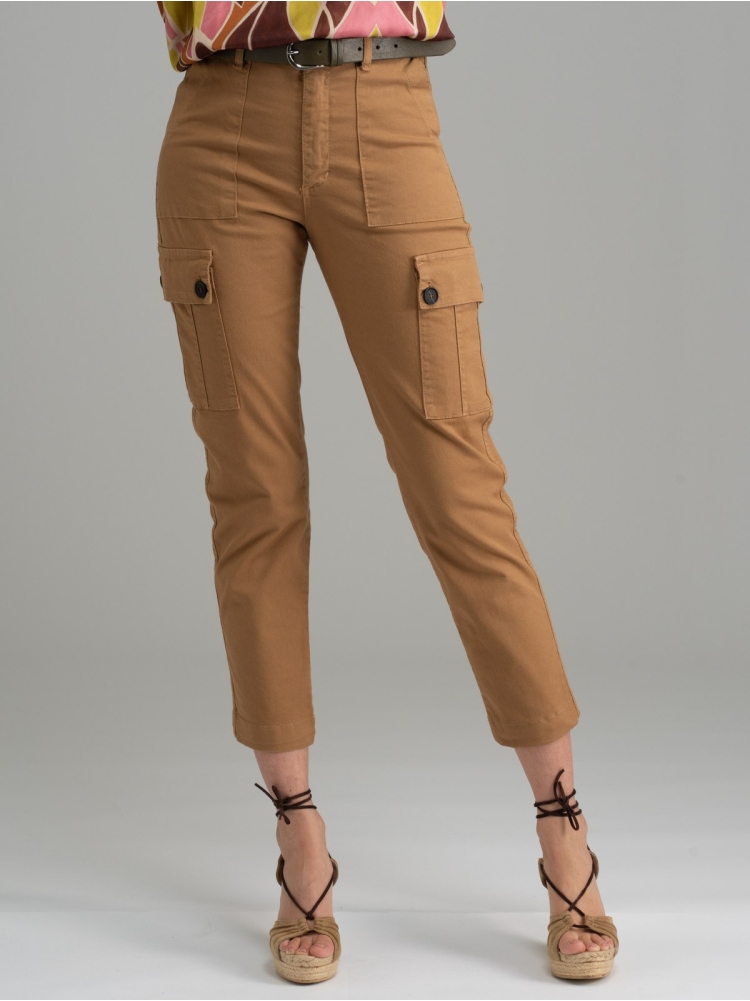 Pantalone donna cargo cotone stretch color cannella
