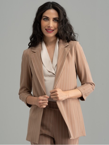 Giacca donna gessata beige stile blazer 2