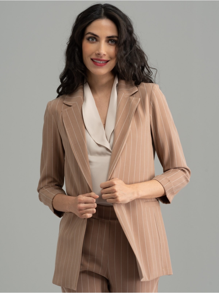 Giacca donna gessata beige stile blazer