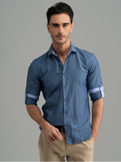 Camicia uomo misto lino a righe collo semi francese