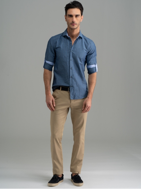 Camicia uomo misto lino a righe collo semi francese 2