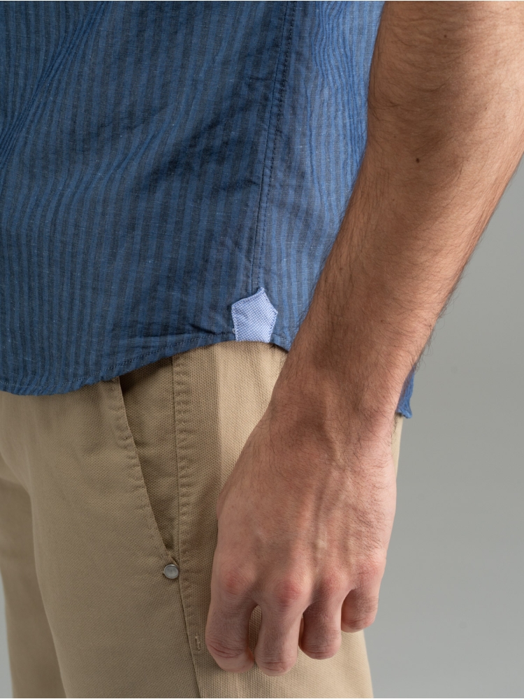 Camicia uomo misto lino a righe collo semi francese