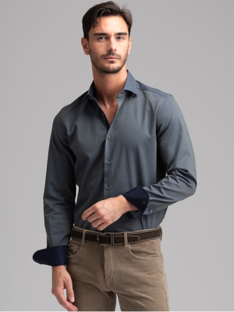 Camicia uomo pois blu e verde collo semi francese