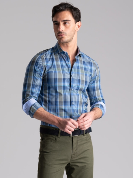 Camicia uomo madras con collo semi francese e toppe