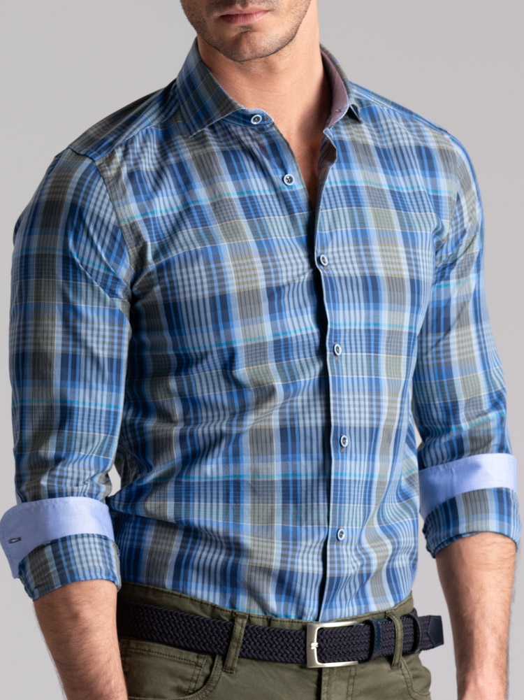 Camicia uomo madras con collo semi francese e toppe