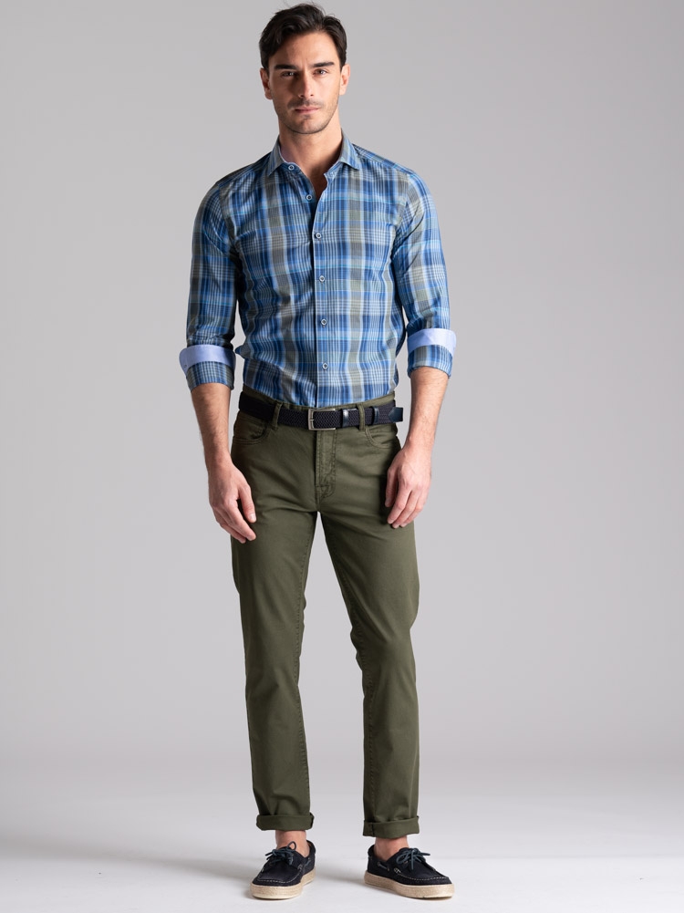 Camicia uomo madras con collo semi francese e toppe