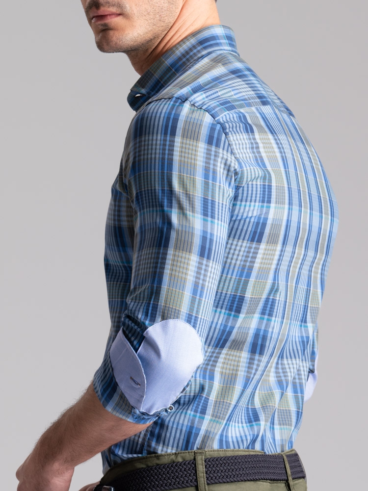 Camicia uomo madras con collo semi francese e toppe