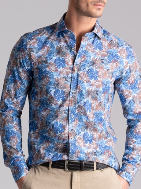 Camicia uomo fantasia foglie Hawaii collo semi francese 2