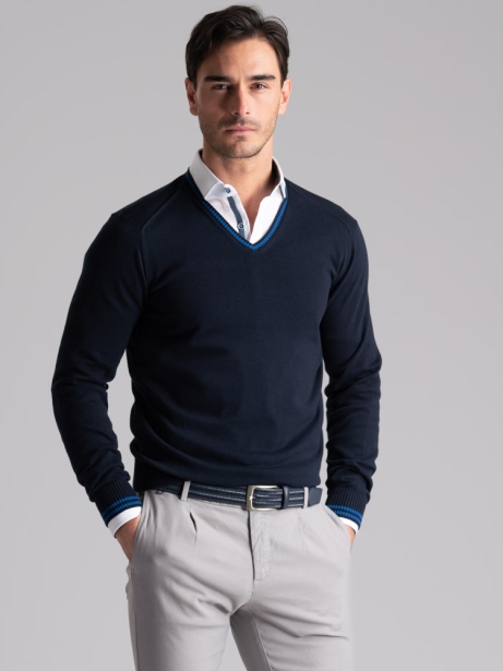 Maglia uomo in cotone scollo a V con contrasti
