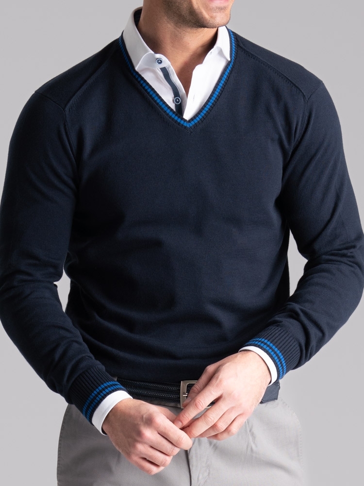 Maglia uomo in cotone scollo a V con contrasti