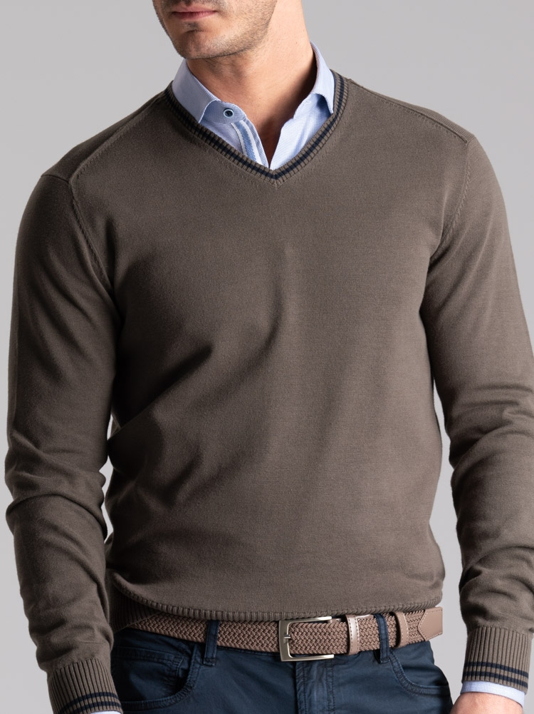 Maglia uomo in cotone scollo a V con contrasti