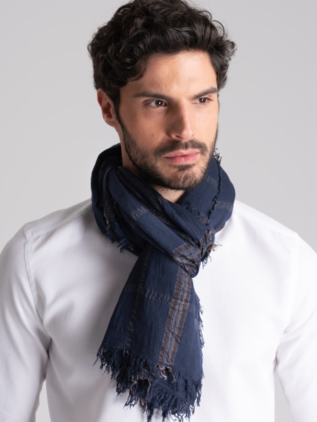 Sciarpa uomo con disegno madras blu e marrone e frange 2