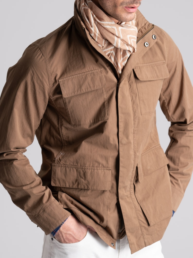 Field Jacket uomo in cotone lavato mano pesca