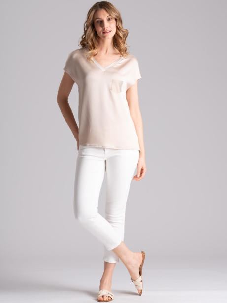 Camicia donna in due tessuti scollo a V 2