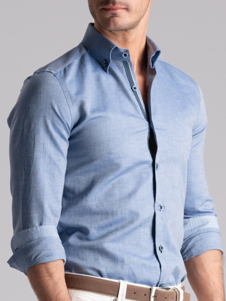 Camicia uomo blu misto lino collo button down 2