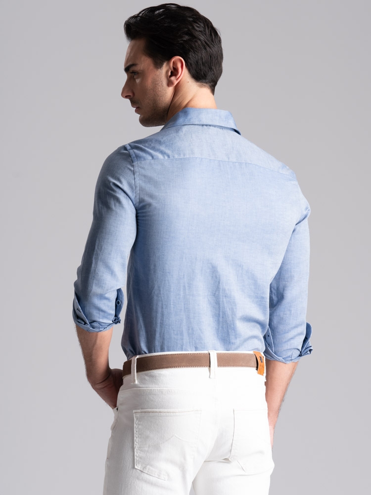 Camicia uomo blu misto lino collo button down