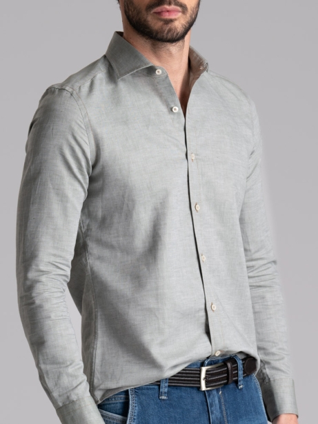 Camicia uomo verde misto lino collo semi francese 2